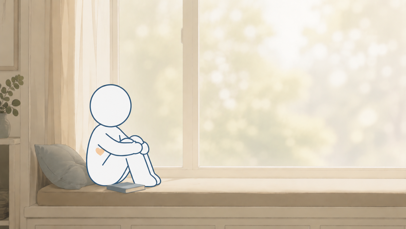 A young child sits quietly on a sunlit window seat, knees drawn up, gazing out the window — calm on the outside, holding something inside.