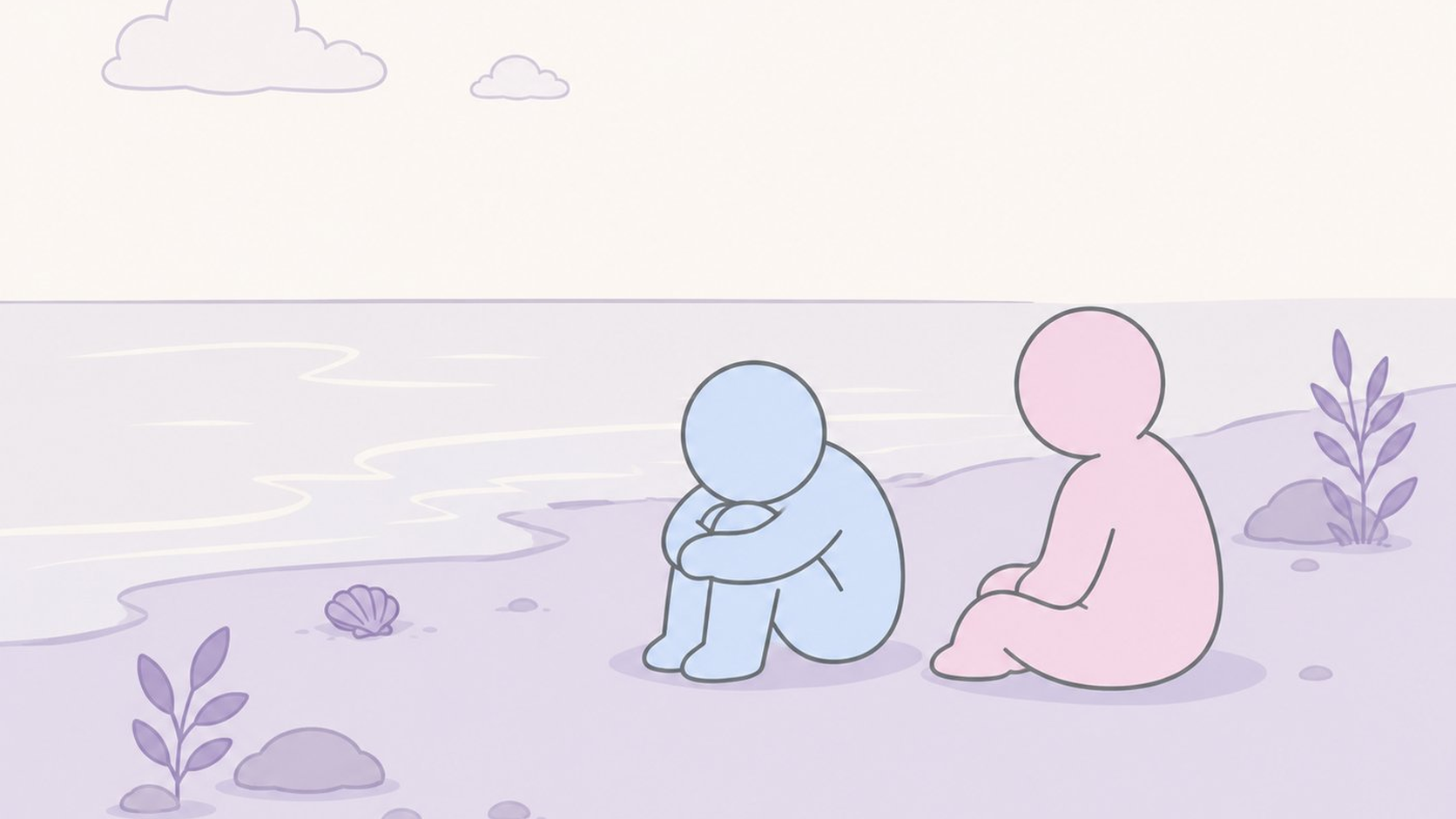 Two figures sitting on the beach. One is holding its knees and the other is quietly sitting beside
