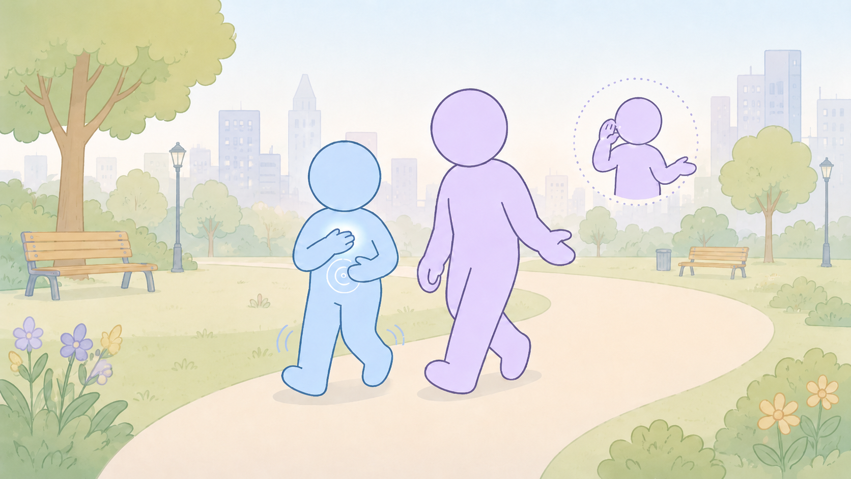 Two figures walking in the park - one with feelings signals and the other talking and listening
