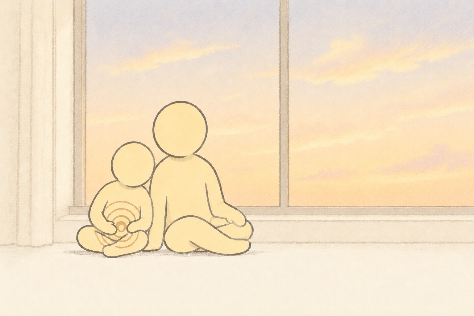 Hand-drawn illustration of an adult and child figure in pale yellow sitting side by side on the floor by a large sunlit window; soft concentric ripples emanate from the child's belly, suggesting body signals.