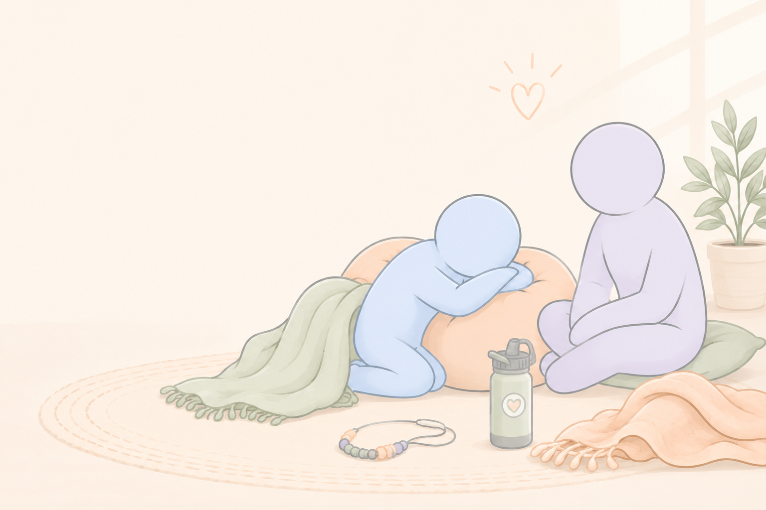 child lying on a beanbag chair with a blanket, beaded necklace and water bottle and parent sitting nearby.
