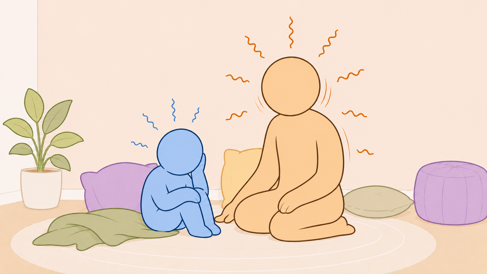 Two figures sitting on the floor with pillows and a blanket. They both have lines radiating to suggest tension or nerves.