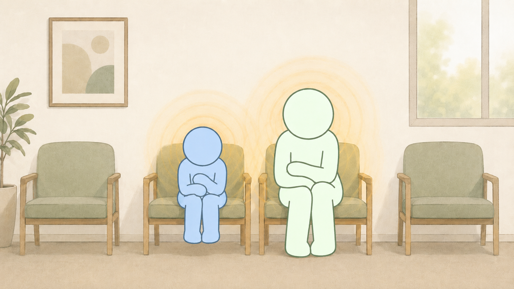 Two figures sitting in a waiting room - a child and an adult - both have tension radiating from their bodies in waves