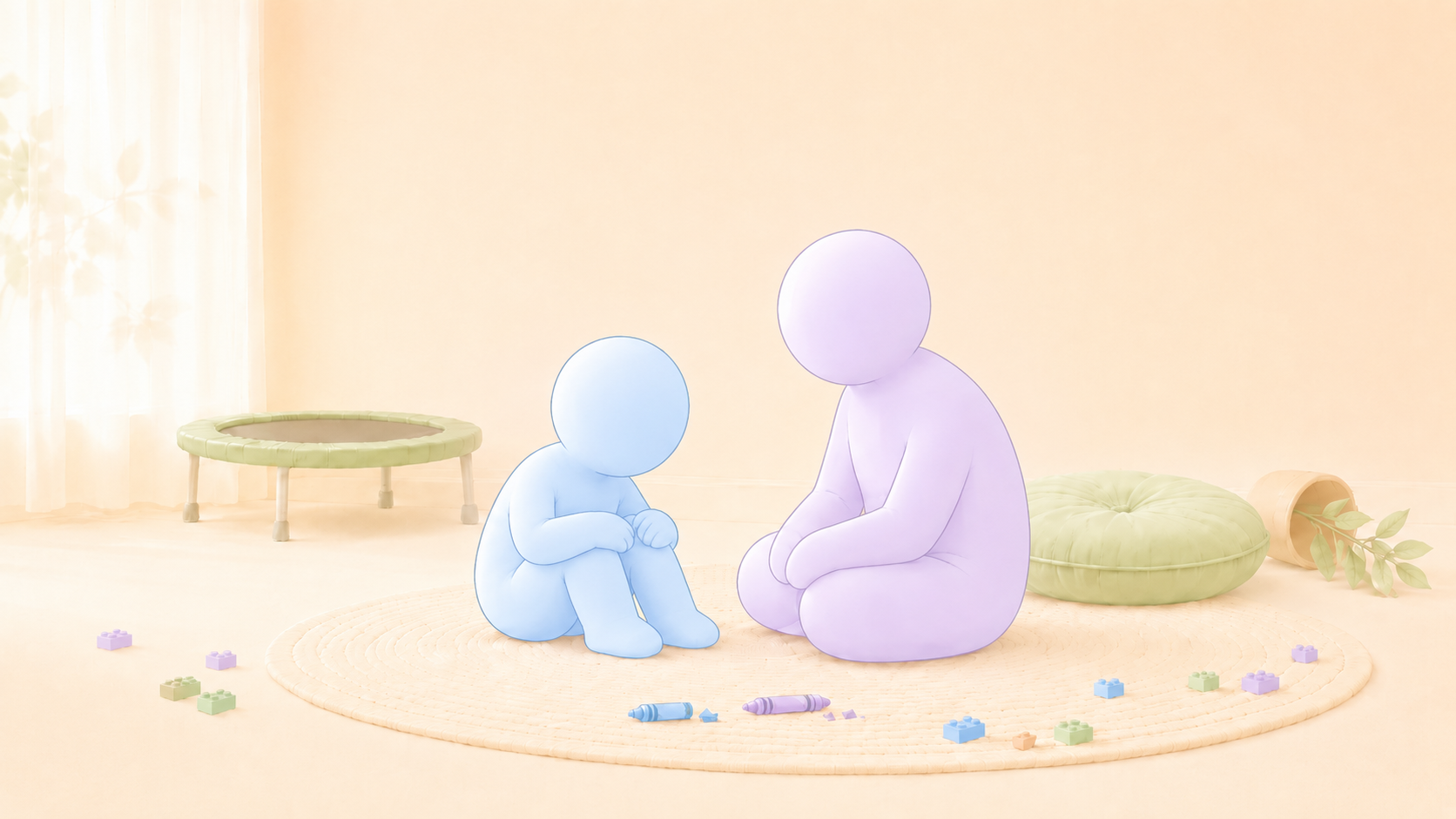An adult sitting near an overwhelmed autistic learner, illustrating regulation-first support and shared understanding.