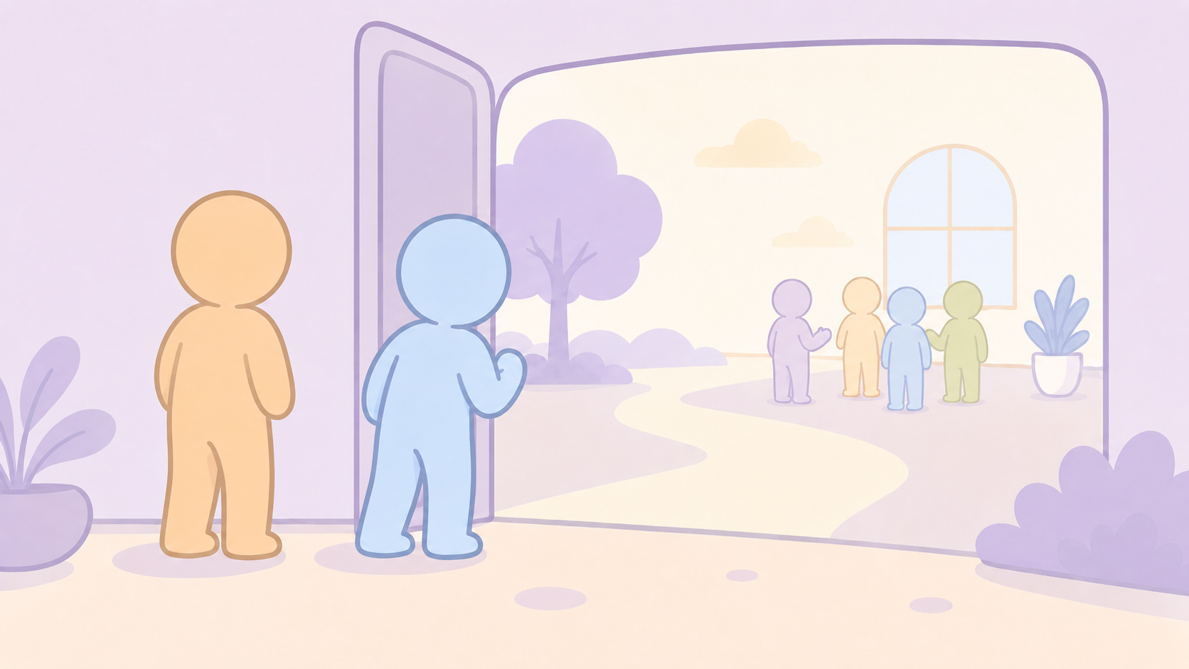 Two figures looking out an open door with a group of people talking on the other side in an outdoor setting
