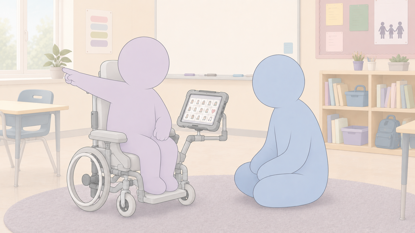 When the AAC Device Is Refused — and Ends Up in the Closet 1 figure sitting in a wheelchair with an AAC device mounted but pointing away from the device. Another figure sitting nearby.