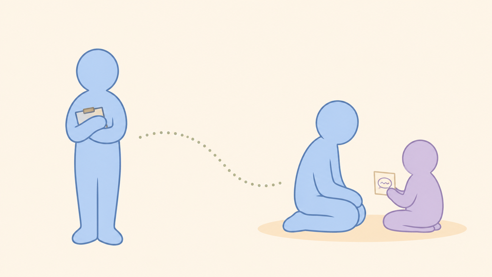 an adult figure standing with a clipboard and dots connecting the same adult figure sitting with a child and looking at the child's drawing