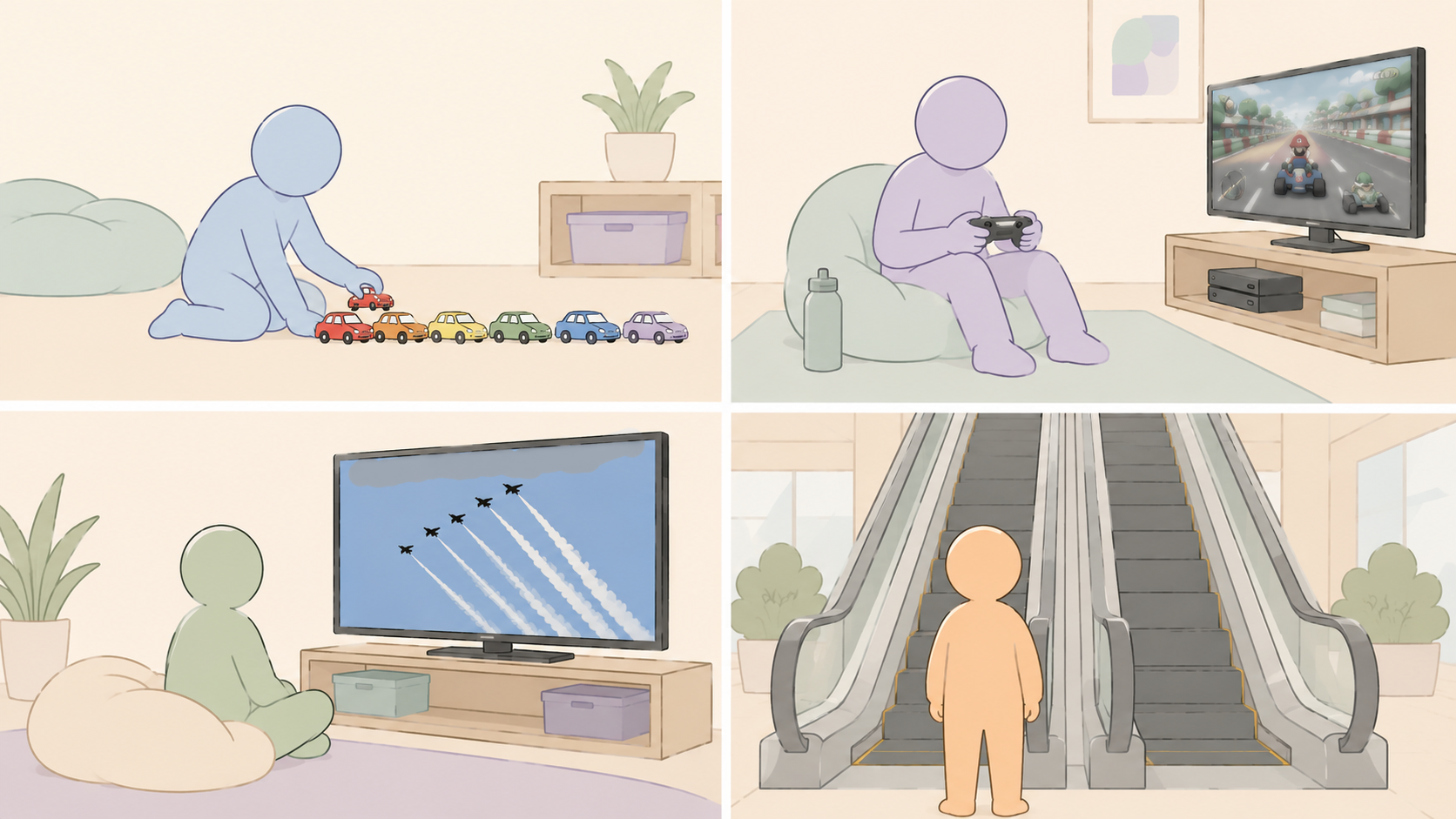 Intense Enthusiasms: What Happens When We Stop Trying to Shrink Them 1 Four-panel illustration of figures absorbed in an intense enthusiasm: a blue figure lining up toy cars by color, a purple figure playing a kart-racing video game, a green figure watching jets in formation on TV, and an orange figure standing before an escalator.