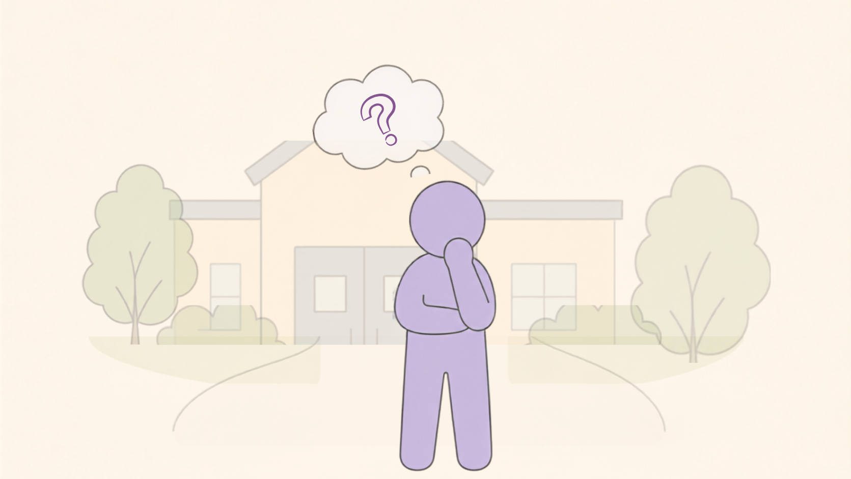 figure with a question mark in a thought bubble and a school in the background